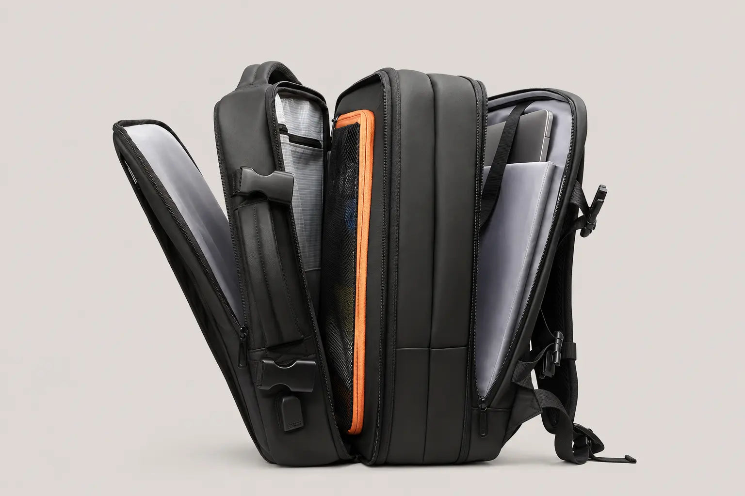 Open backpack showing internal organization