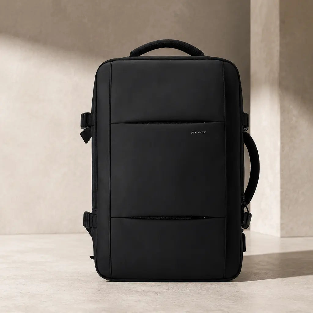 Black expandable backpack, front view